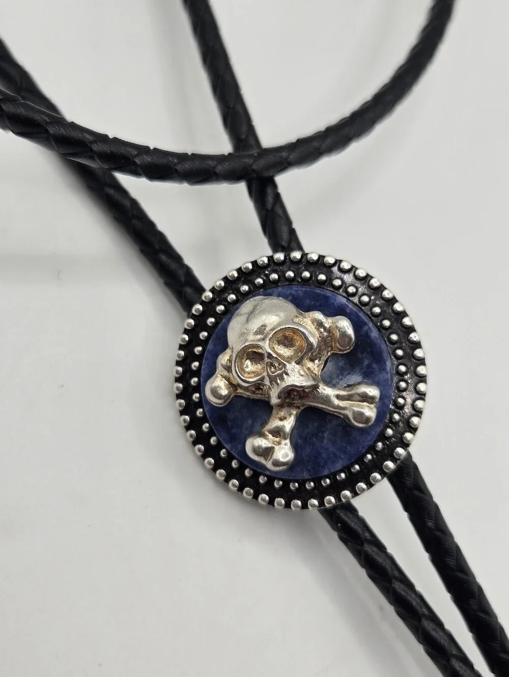 Lapis Silver Skull Western Bolo Tie Punk Pirate Goth Leather Braid Rockstar 70s